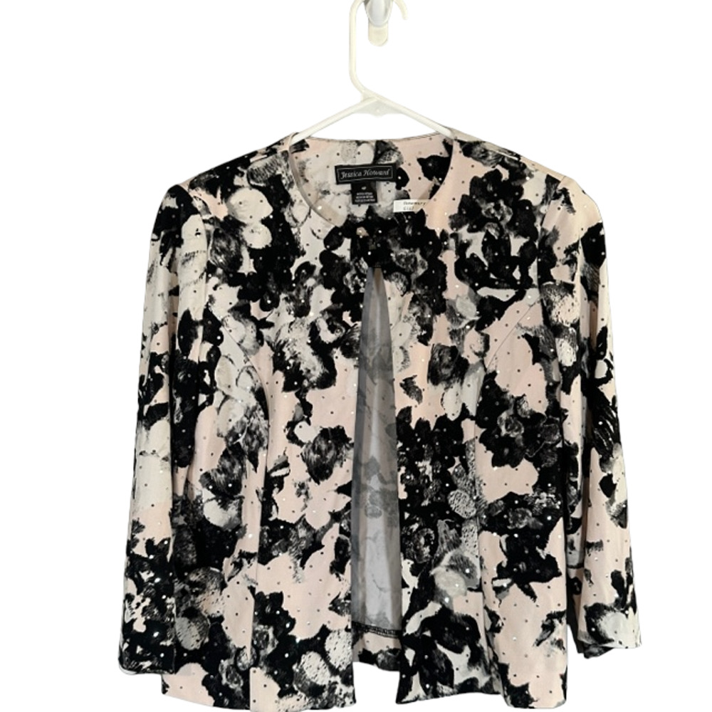 Jessica Howard Black White & Pink Multicolor Floral Career Jacket Women Sz 4P
